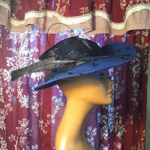 Women's Wool Hat, Blue Brim, with Black Satin Ribbon, Feathers & Netting.